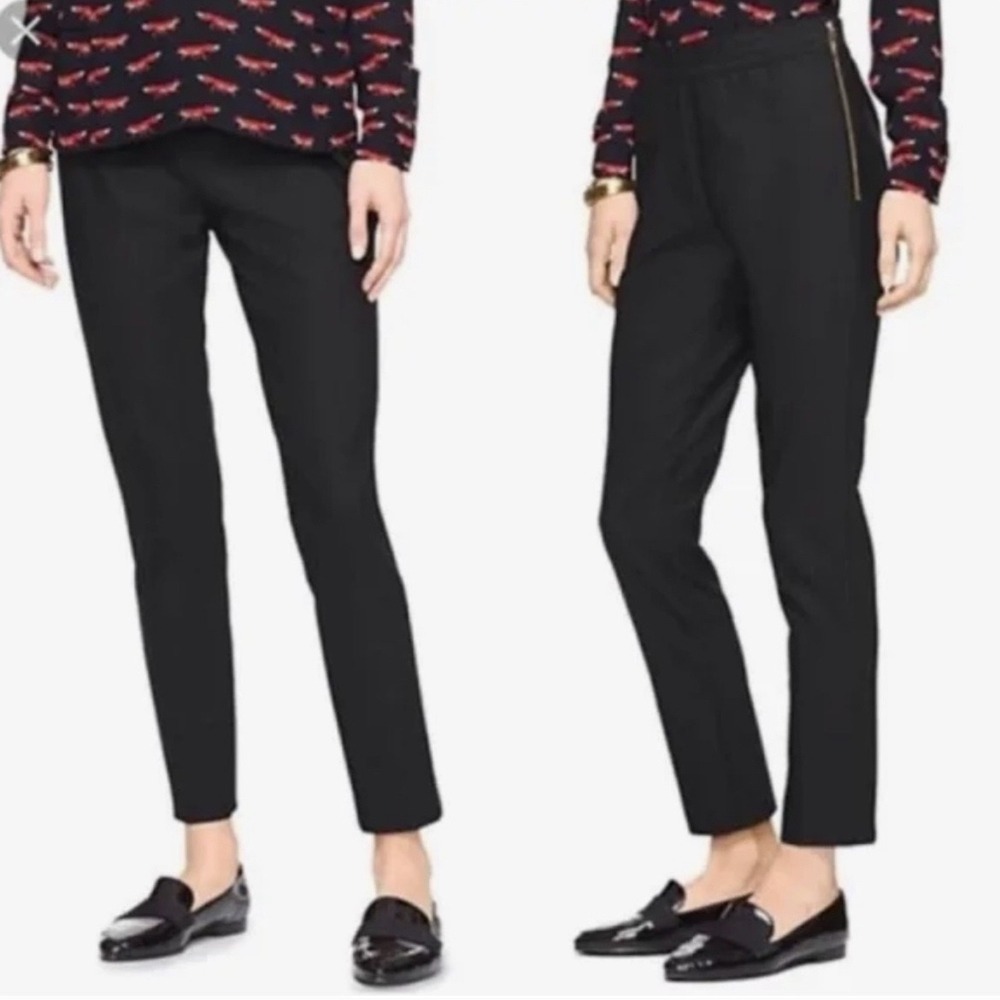 Kate Spade Blaze a Trail Black Stretch Trousers Gold Side Zip Pants Size 8